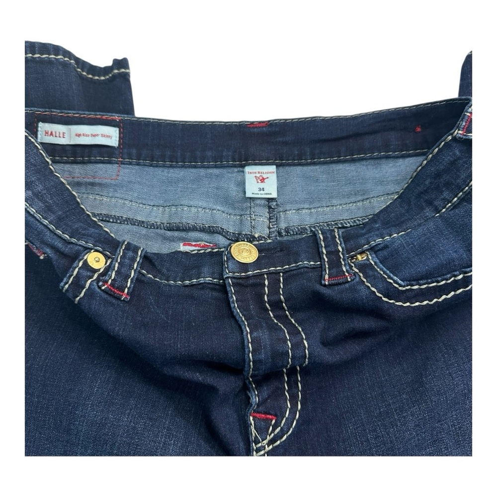 True Religion Halle High Rise Super Skinny Jeans Dark Wash Red Stitching W34 - Picture 9 of 16